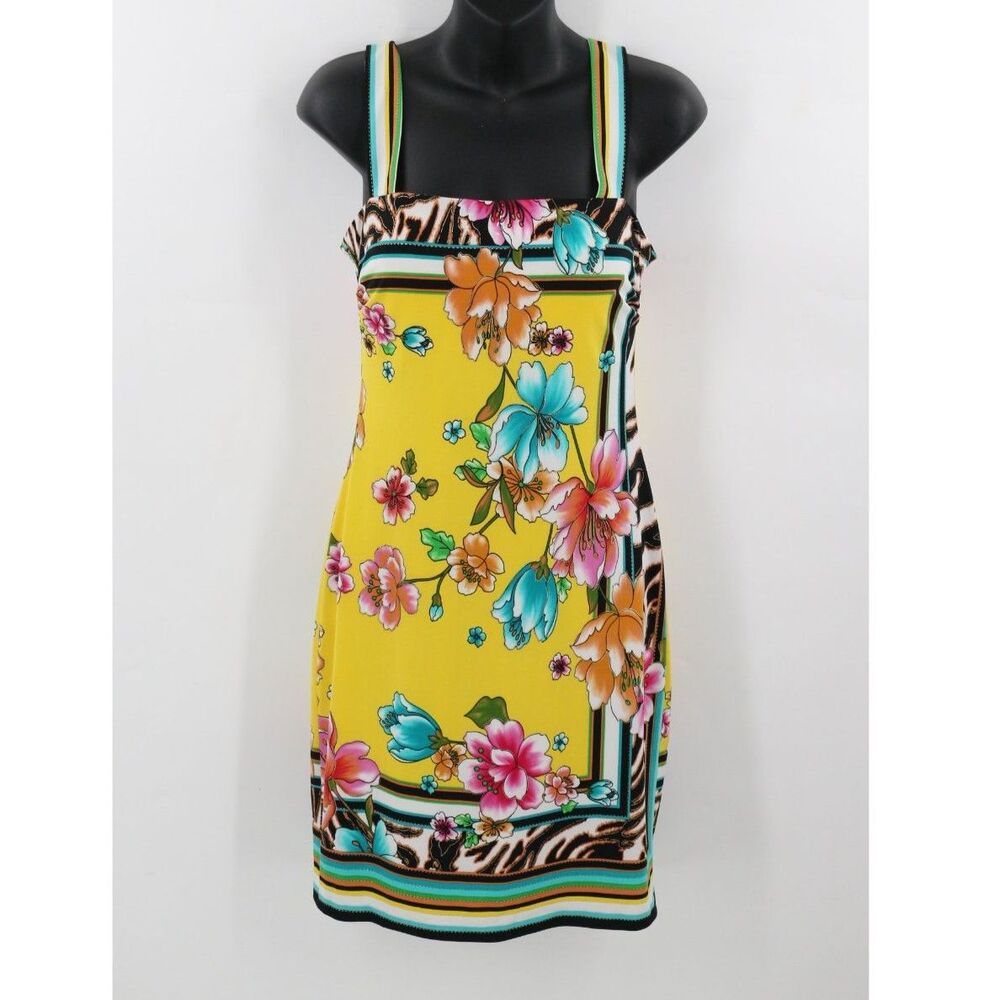 Cache Womens Jersey Knit Japanese Floral Print Mini Dress Size 6 Yellow Black